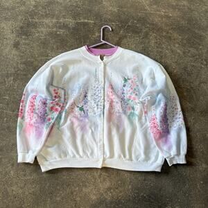 Vintage Artisans Cardigan Sweater Womens 2X White Graphic Hummingbird Floral